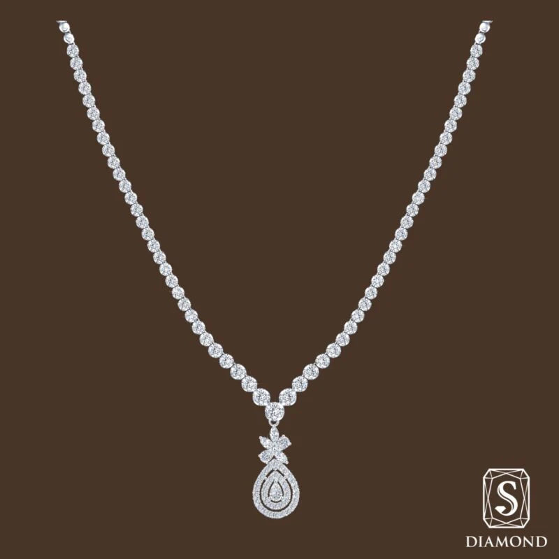 The Regal Pear-Aura Diamond Necklace | สร้อยคอเจ้าสาว สร้อยคอเพชรแท้ แถวเทนนิส GIA ดีไซน์ขั้วโบว์แฟนซีห้อยจี้หยดน้ำล้อม