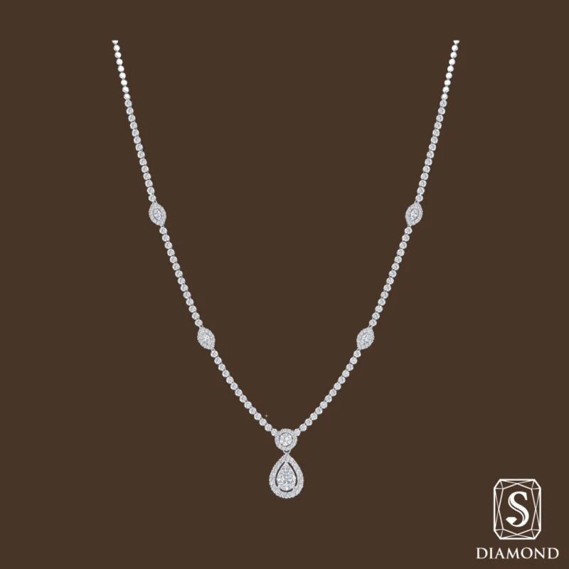 The Majestic Solitaire-Drop Diamond Necklace |สร้อยคอเจ้าสาว สร้อยคอเพชรแท้ GIA ดีไซน์สายเพชรสลับทรงมาคีส์ห้อยจี้หยดน้ำล้อม