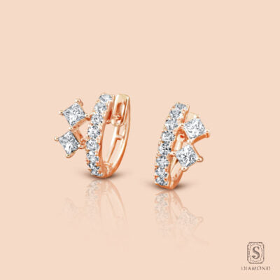 Double Round Cut Hoop Earring With Side Diamond In  18K Pink Gold