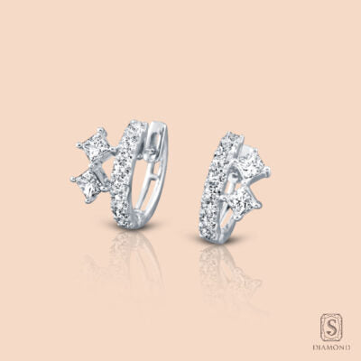 Double Round Cut Hoop Earring With Side Diamond In  18K White Gold