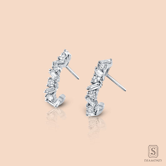 Round Cut And Tapper Cut Hoop Earring in 18K White Gold