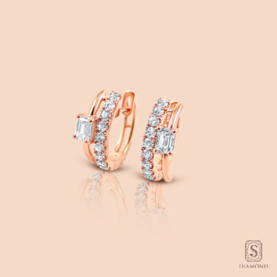 Emerald Cut Hoop Earring With Diamond Side in 18K Pink Gold