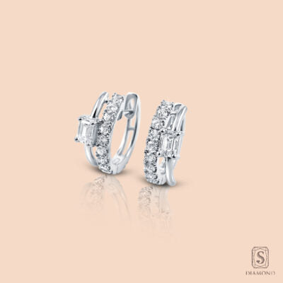 Emerald Cut Hoop Earring With Diamond Side In 18K White Gold