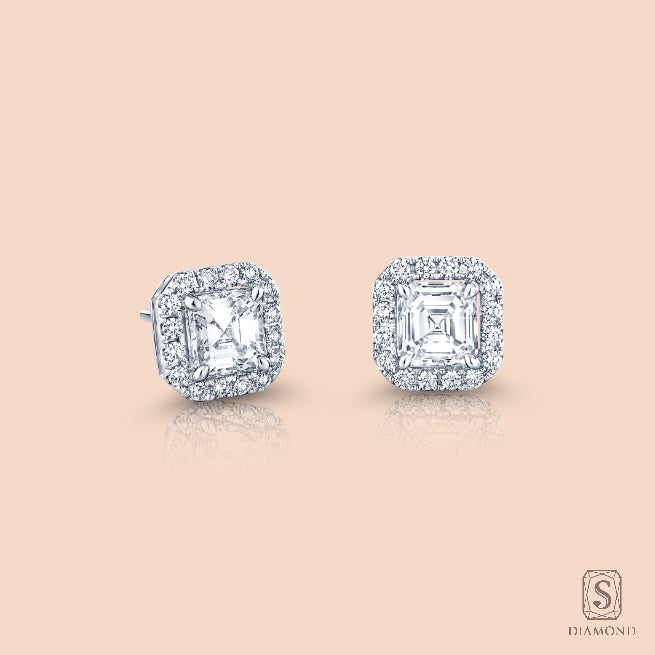 The Empress Asscher Halo Studs | ต่างหูเพชรแท้ GIA ดีไซน์เพชรอัชเชอร์คัตล้อมเพชรหรูหราอลังการ
