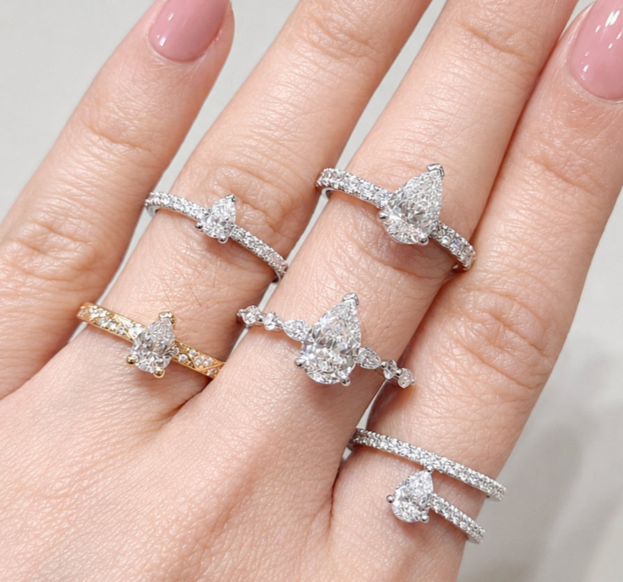Pear Cut natural diamond engagement ring try-on with pavé band by S.Diamond Bangkok
