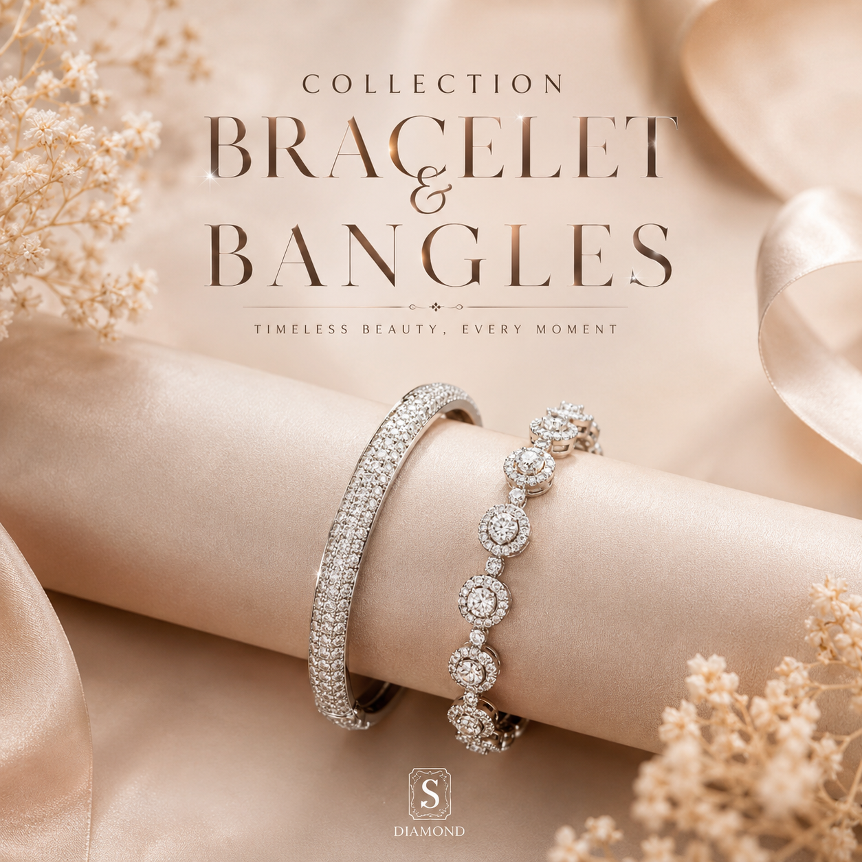 Premium multi-row pavé and halo round cluster diamond bangles by S.Diamond