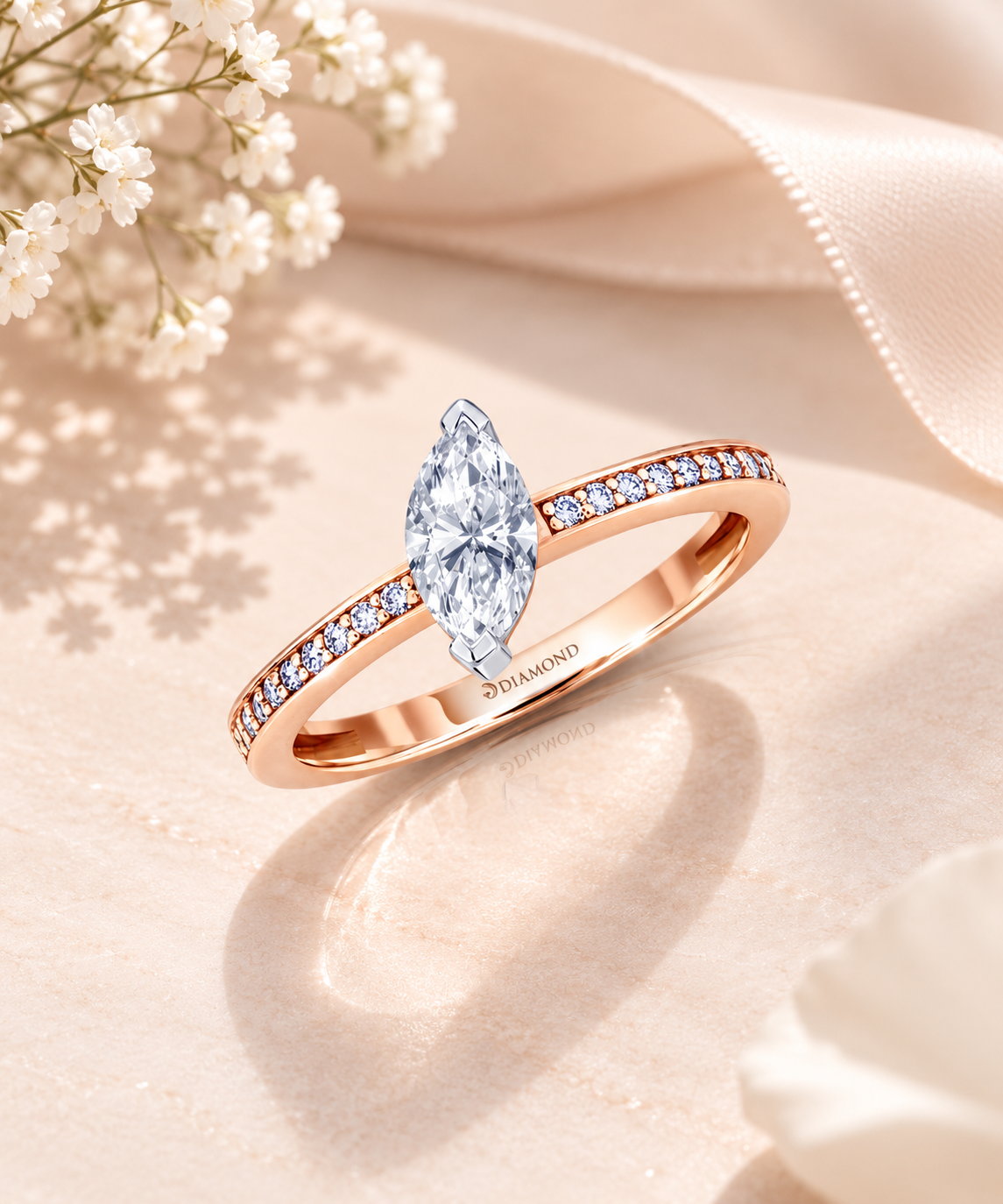 Marquise cut natural diamond engagement rings in Bangkok by S.Diamond
