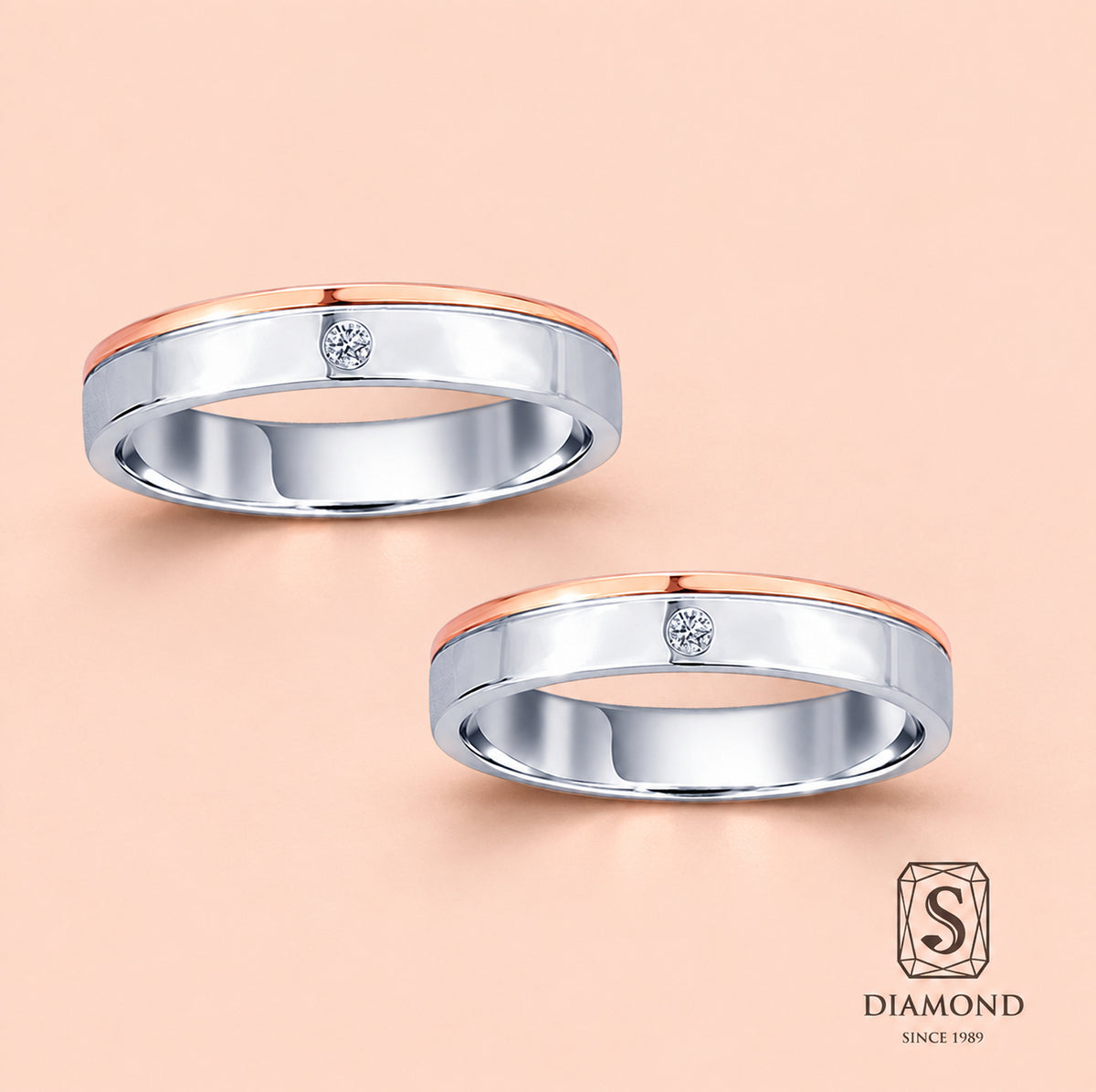 two tone white gold and pink gold 1 diamond weding ring women