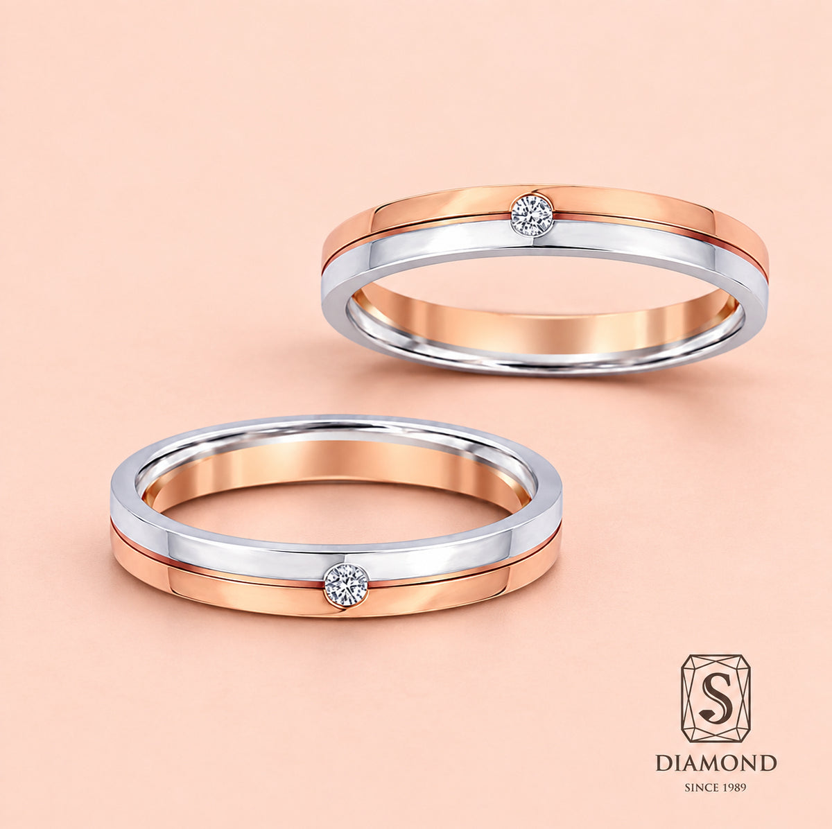 Two-tone 18K gold women's wedding band with one round natural diamond by S.Diamond Bangkok