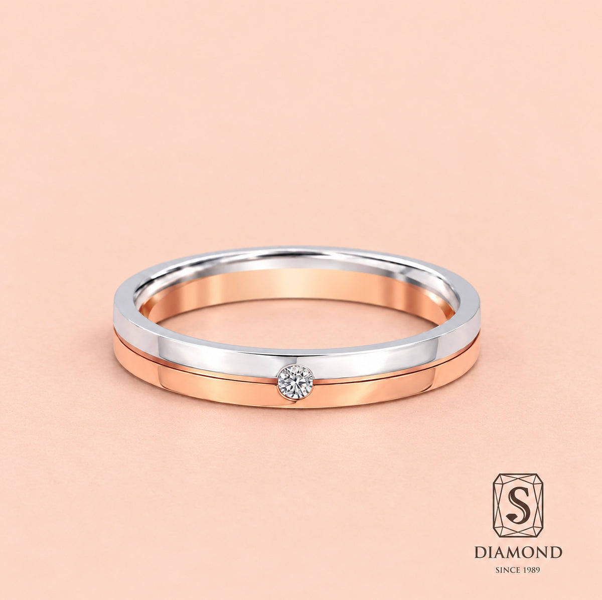 Flat Gloss Two-Tone 1 Diamond women's wedding ring in 18K gold by S.Diamond Bangkok Thailand