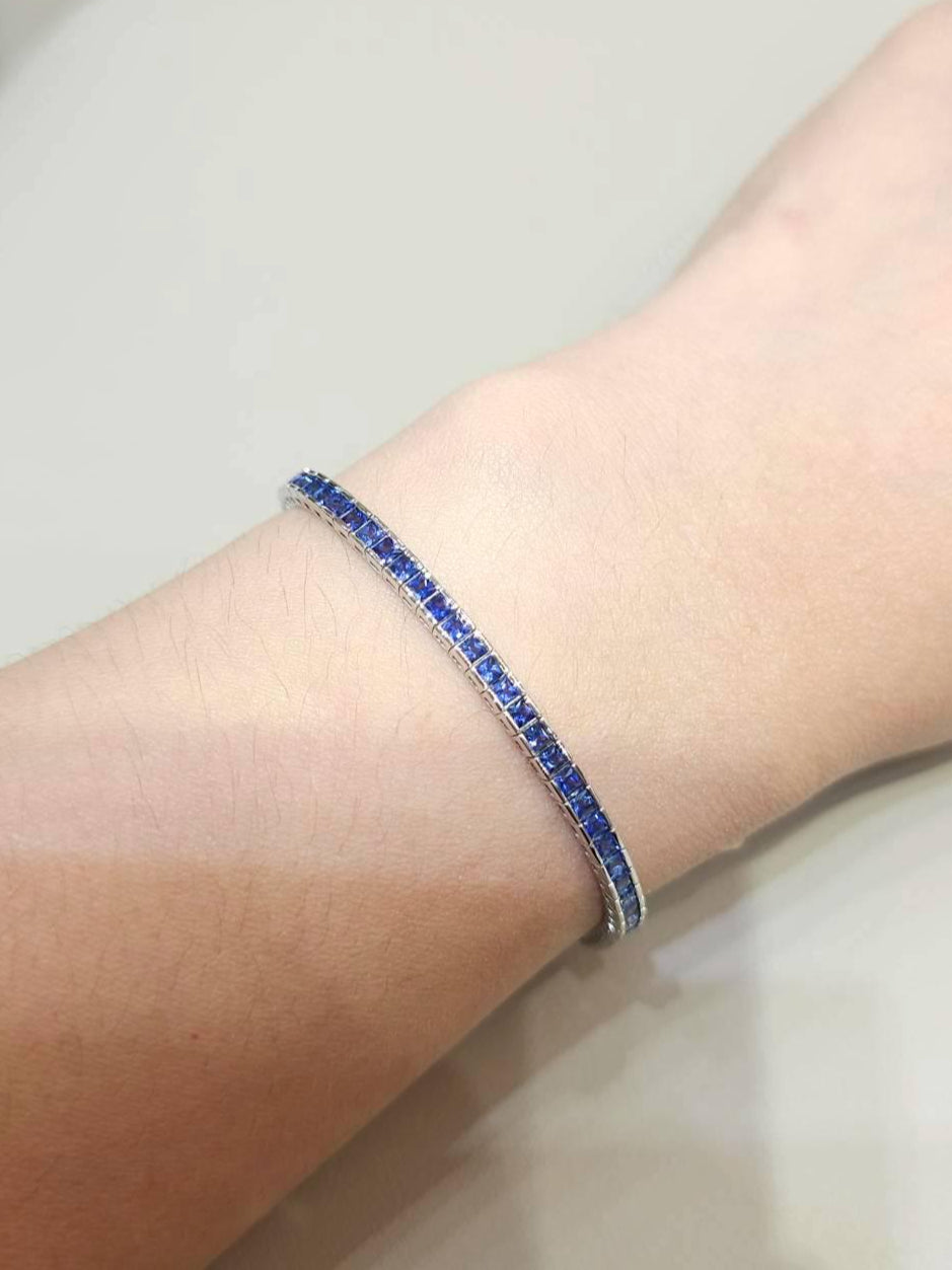 Princess Cut Blue Sapphire Tennis Bracelet with square blue sapphires by S.Diamond