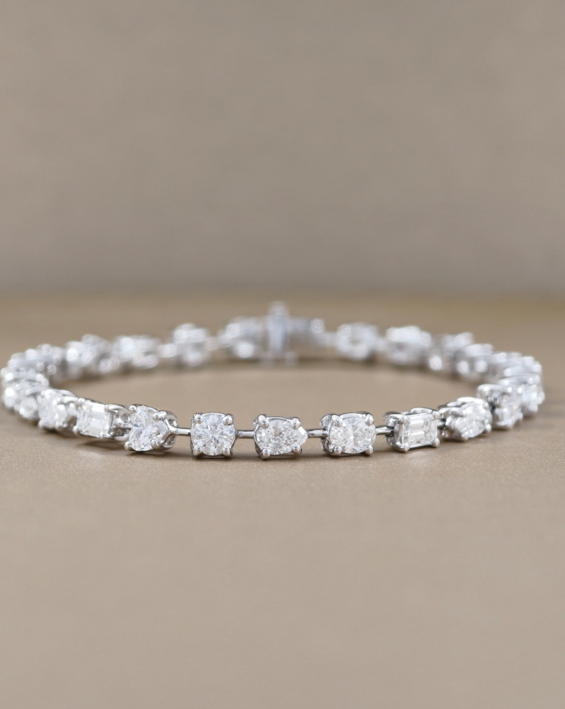 Full view fancy shape natural diamond tennis bracelet in white gold by S.Diamond Bangkok