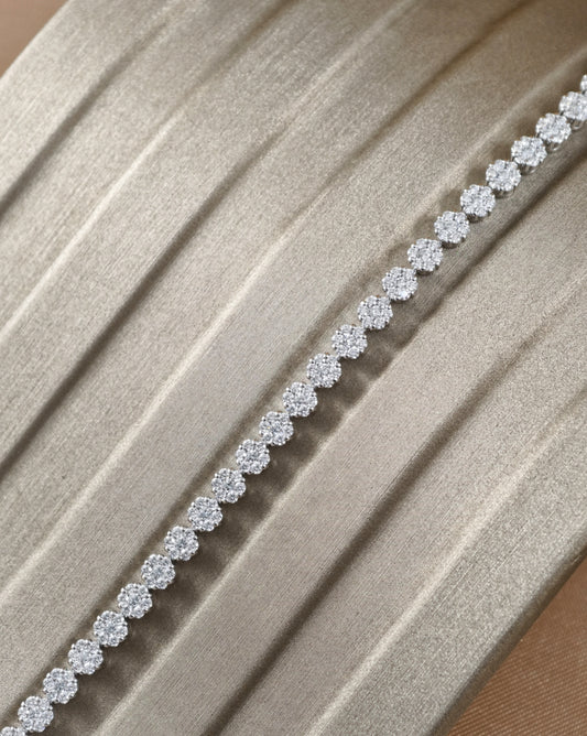 Round Cut natural diamond five-stone cluster tennis bracelet in white gold by S.Diamond Bangkok