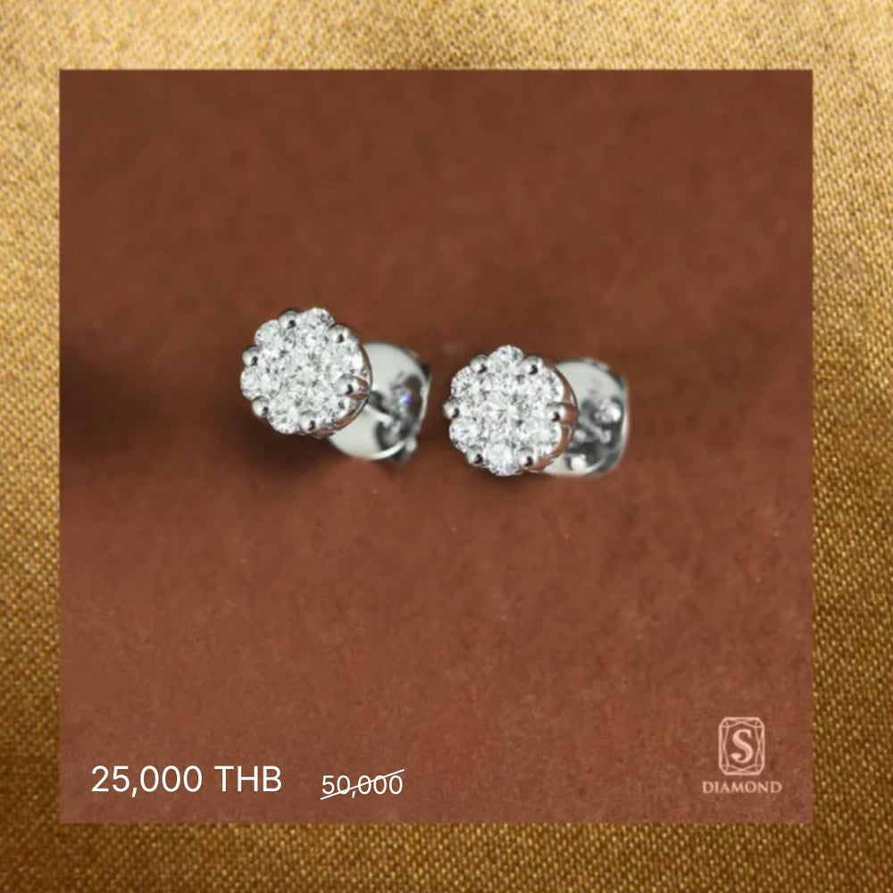 The Celestial Bloom Cluster Diamond Stud Earrings handcrafted in 18K White Gold with Natural Diamonds and optional GIA Certified diamonds by S.Diamond Bangkok Thailand