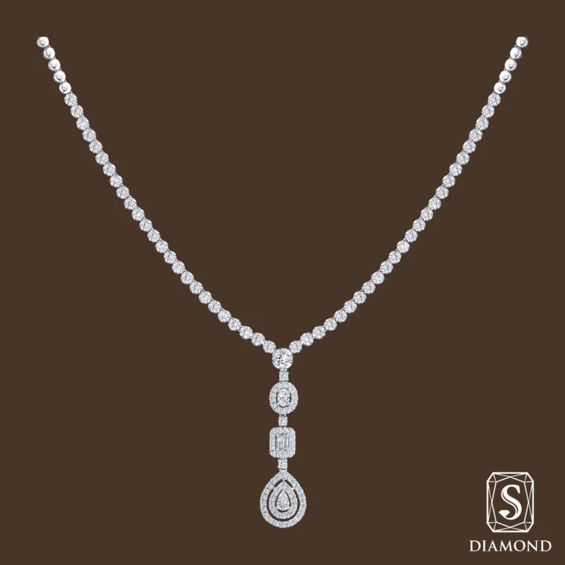 The Royal Cascade Diamond Necklace | สร้อยคอเจ้าสาว สร้อยคอเพชรแท้ แถวเทนนิส GIA ดีไซน์พู่ดิ่งมิกซ์เชปห้อยจี้หยดน้ำล้อม