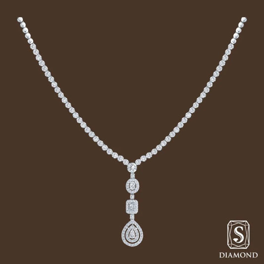 The Royal Cascade Diamond Necklace | สร้อยคอเจ้าสาว สร้อยคอเพชรแท้ แถวเทนนิส GIA ดีไซน์พู่ดิ่งมิกซ์เชปห้อยจี้หยดน้ำล้อม