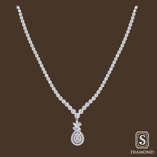 The Regal Pear-Aura Diamond Necklace | สร้อยคอเจ้าสาว สร้อยคอเพชรแท้ แถวเทนนิส GIA ดีไซน์ขั้วโบว์แฟนซีห้อยจี้หยดน้ำล้อม