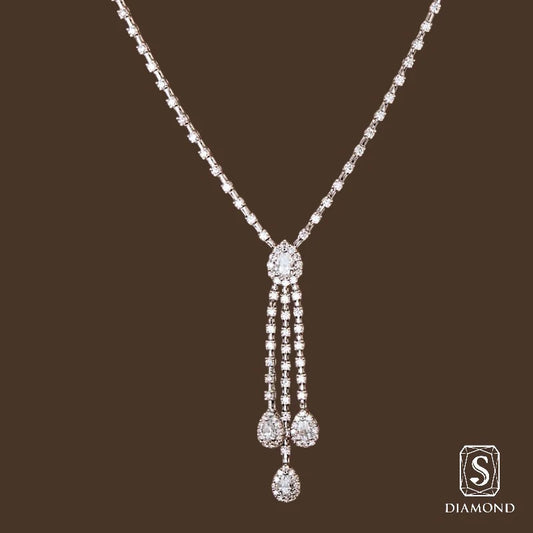 The Majestic Solitaire-Drop Diamond Necklace | สร้อยคอเจ้าสาว สร้อยคอเพชรแท้ แถวเทนนิส GIA ดีไซน์หยดน้ำล้อมเพชร ห้อยจี้หยดน้ำล้อมสามสาย