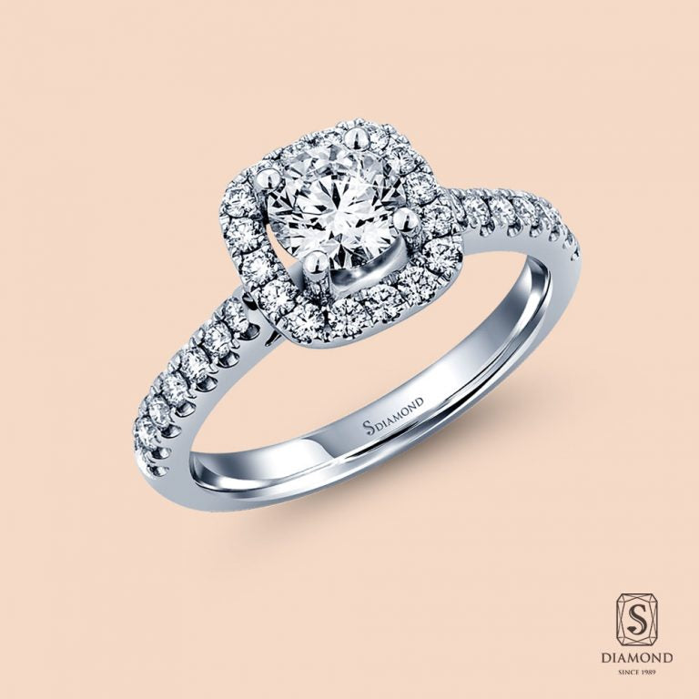 แหวนแต่งงาน Cushion Halo Full Pave
