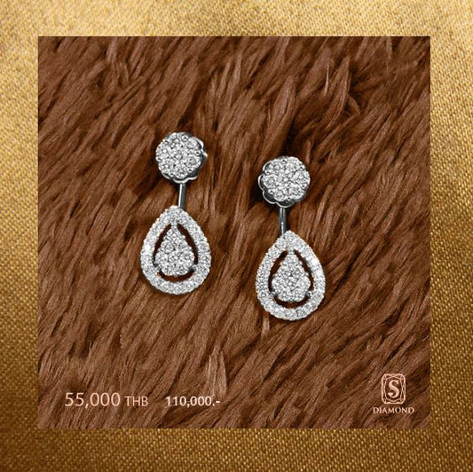 The Celestia Pear Halo Drop Diamond Earrings handcrafted in 18K White Gold with natural diamonds by S.Diamond Bangkok Thailand