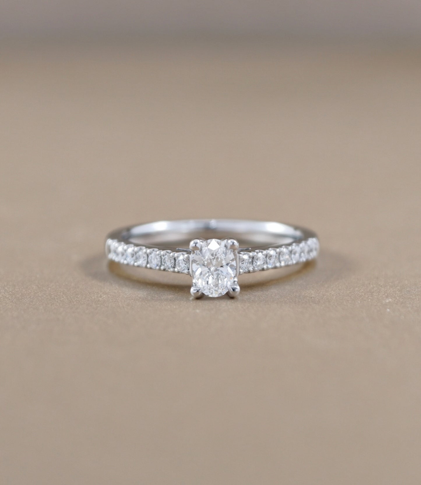 Oval Cut natural diamond Cathedral Pavé engagement ring in white gold by S.Diamond Bangkok