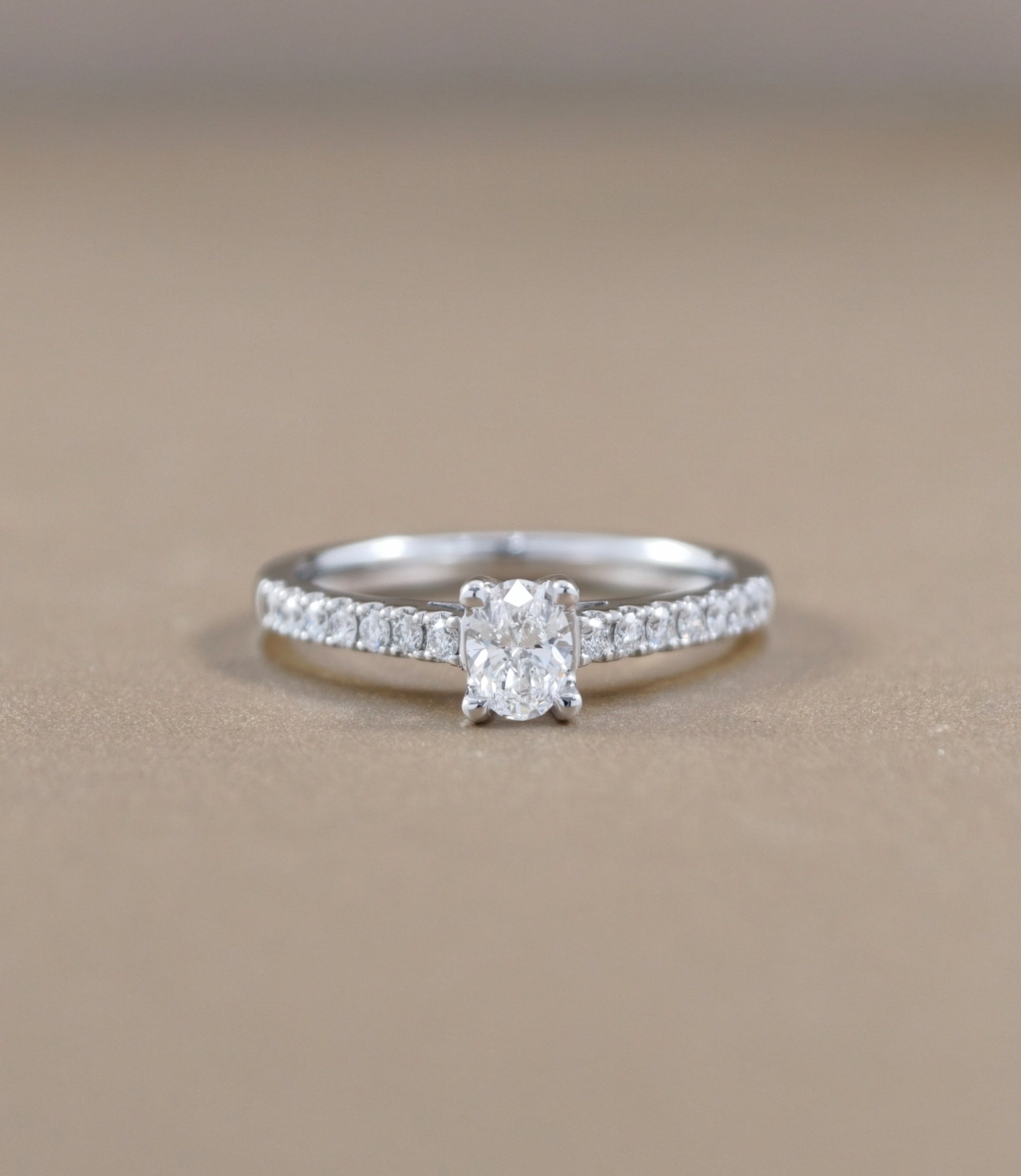 Oval Cut natural diamond Cathedral Pavé engagement ring in white gold by S.Diamond Bangkok