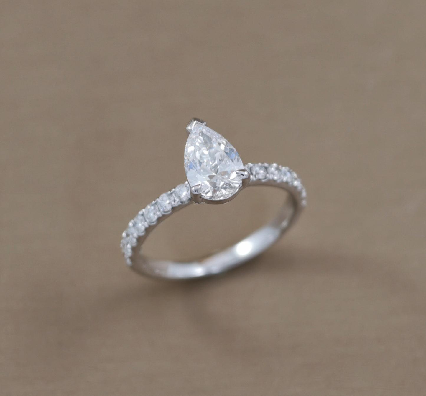 Pear Cut natural diamond Cathedral Pavé engagement ring in white gold by S.Diamond Bangkok