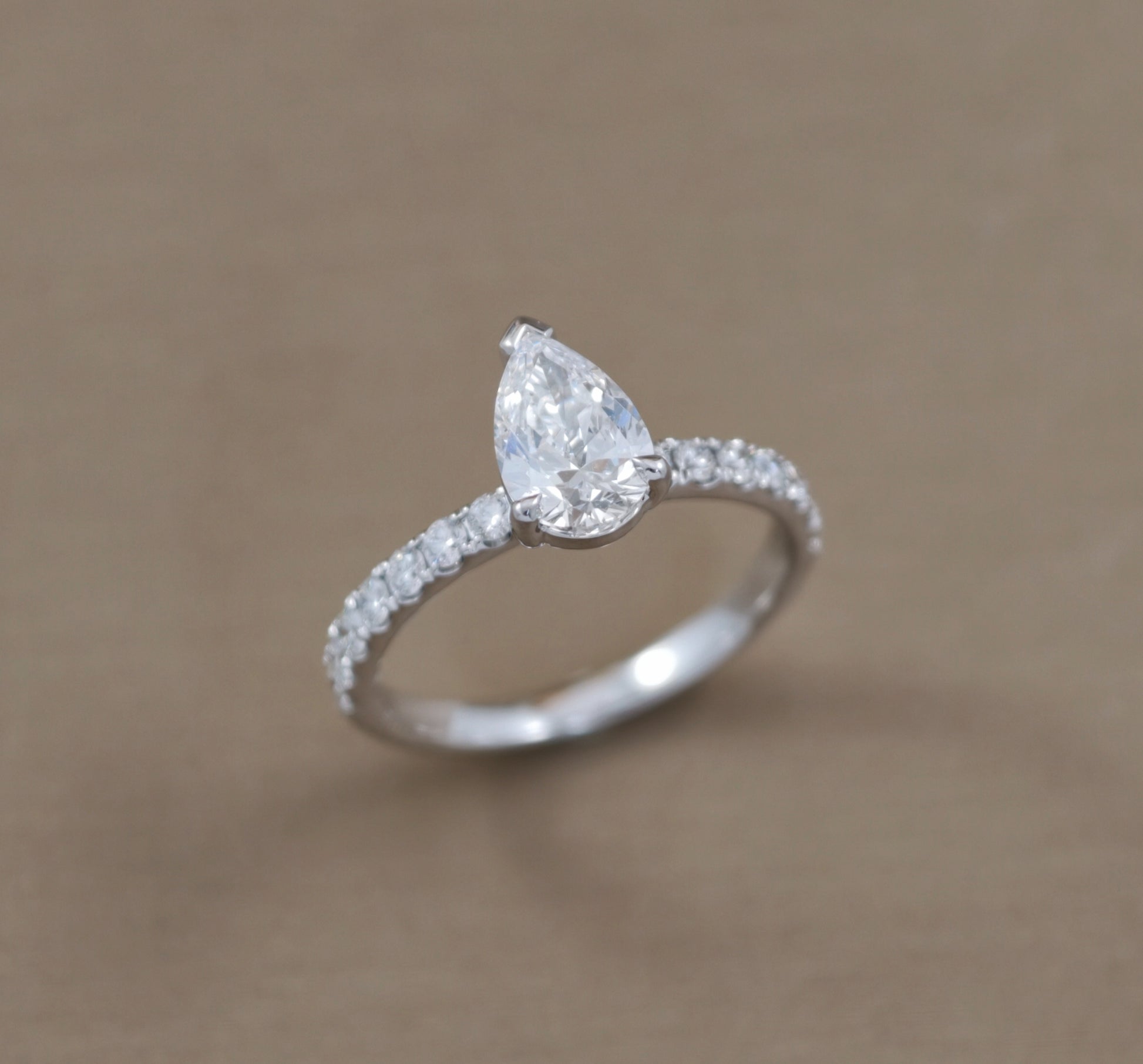 Pear Cut natural diamond Cathedral Pavé engagement ring in white gold by S.Diamond Bangkok