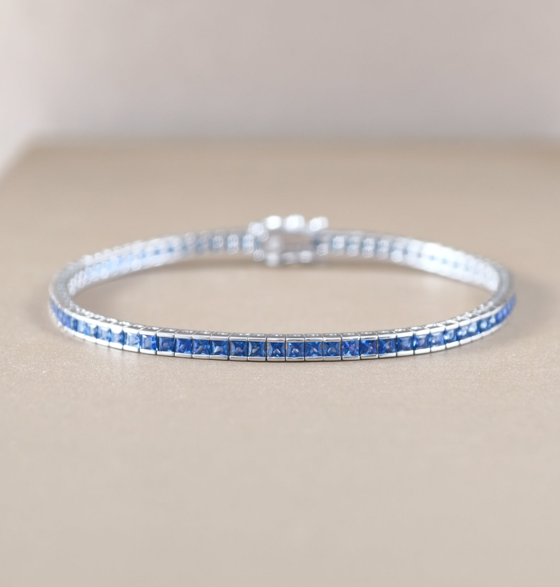 Princess Cut Blue Sapphire Tennis Bracelet with square blue sapphires by S.Diamond