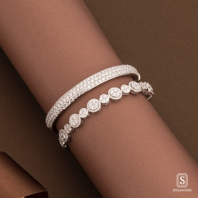 Premium multi-row pavé diamond bangle and luxury halo round cluster diamond bracelet by S.Diamond