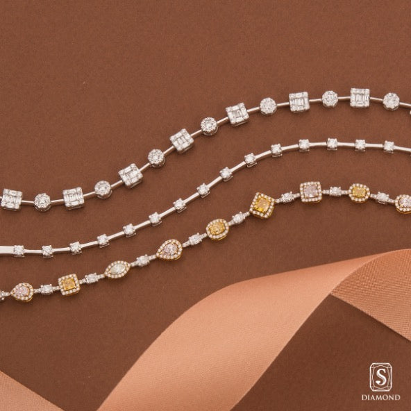 Modern baguette geometric bracelets and luxury fancy color yellow and pink diamond bracelet stack by S.Diamond