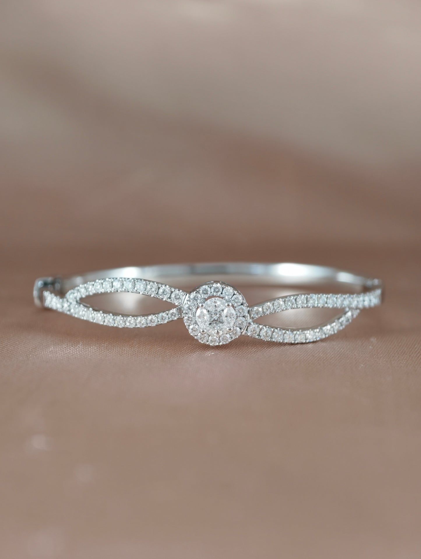 Elysian Embrace Natural Diamond Infinity Halo Bangle in 18K White Gold by S.Diamond Bangkok Thailand