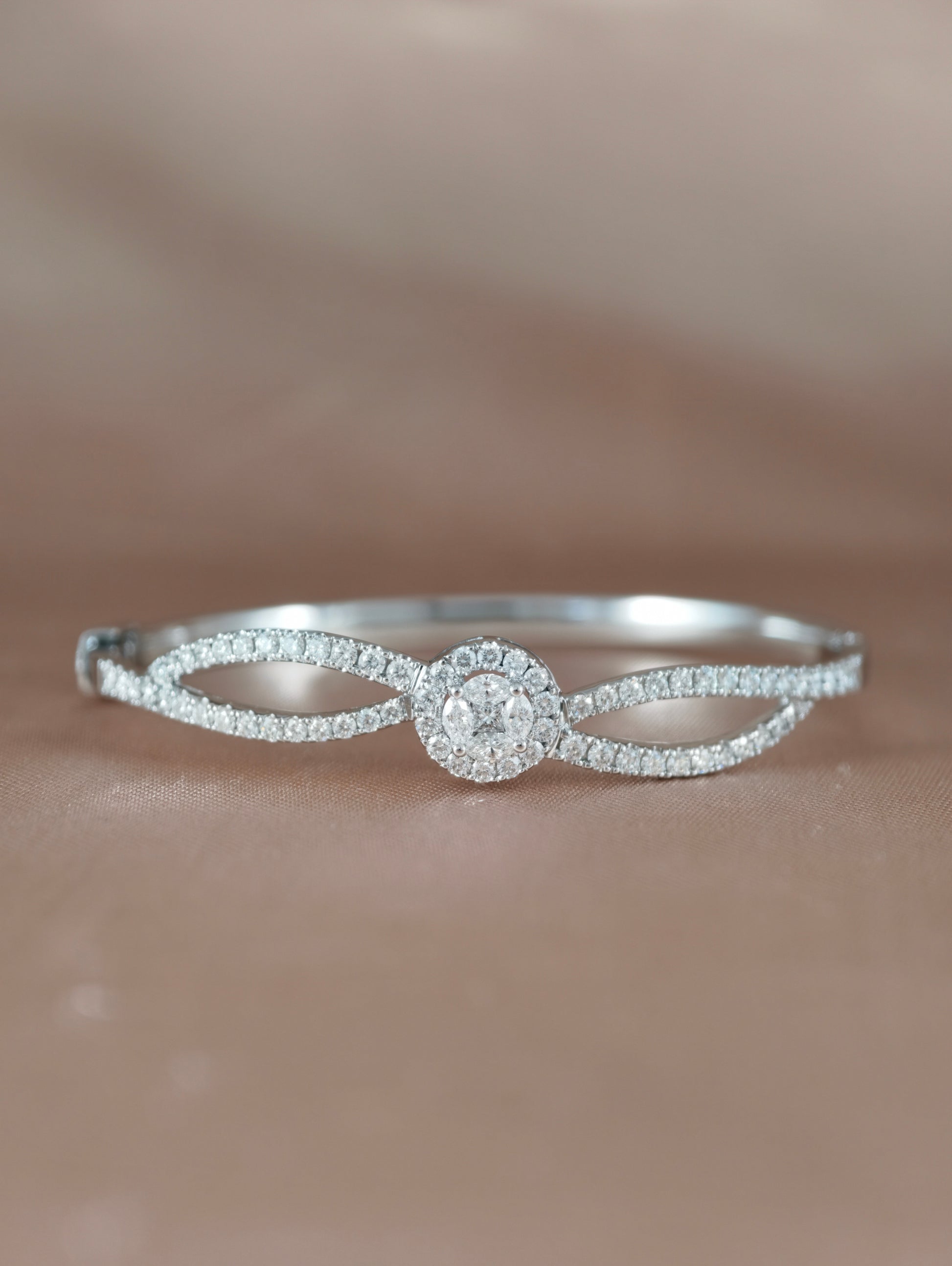 Elysian Embrace Natural Diamond Infinity Halo Bangle in 18K White Gold by S.Diamond Bangkok Thailand