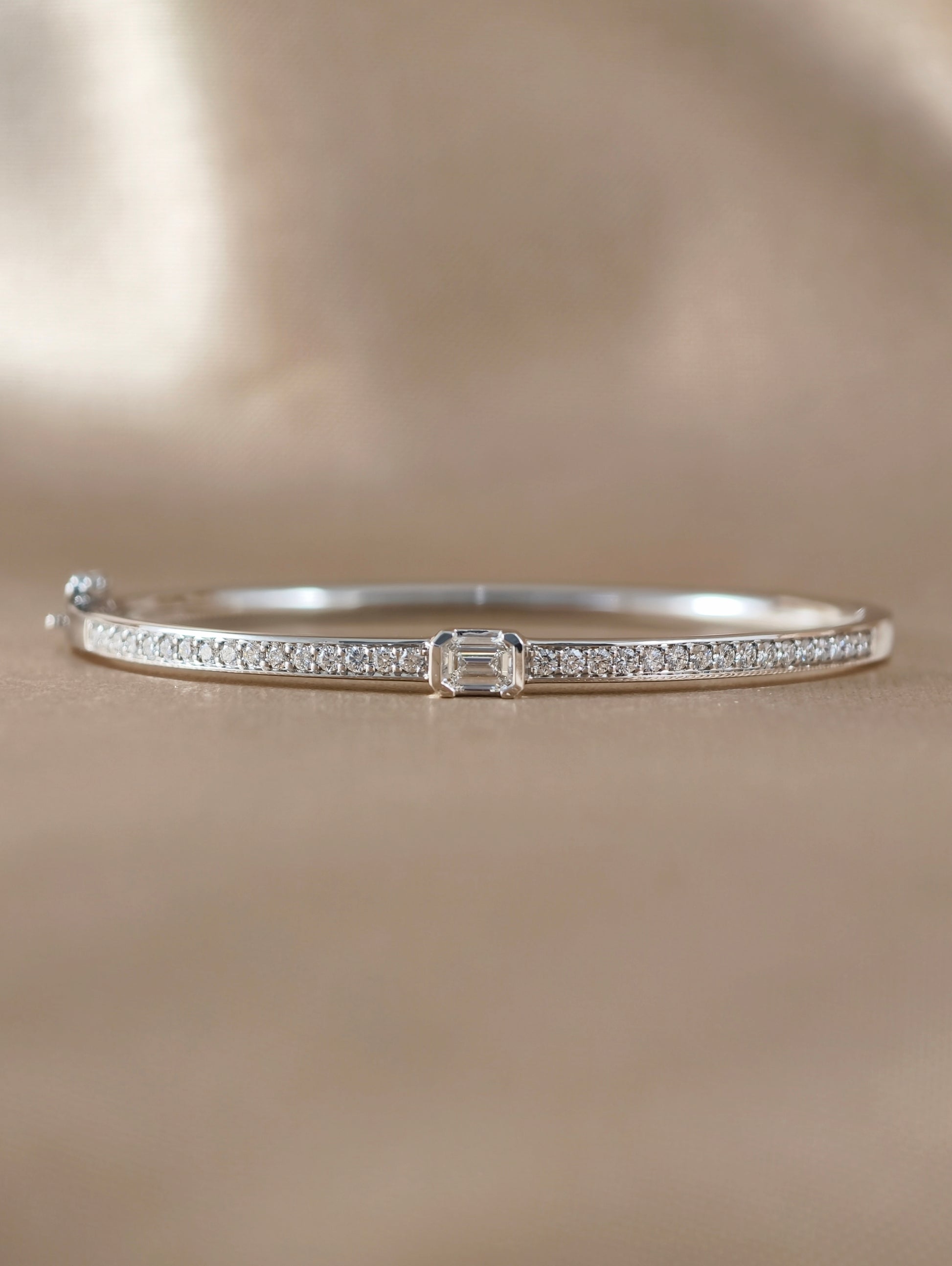 Éclisse Emerald Cut Natural Diamond Bangle in 18K White Gold by S.Diamond Bangkok Thailand