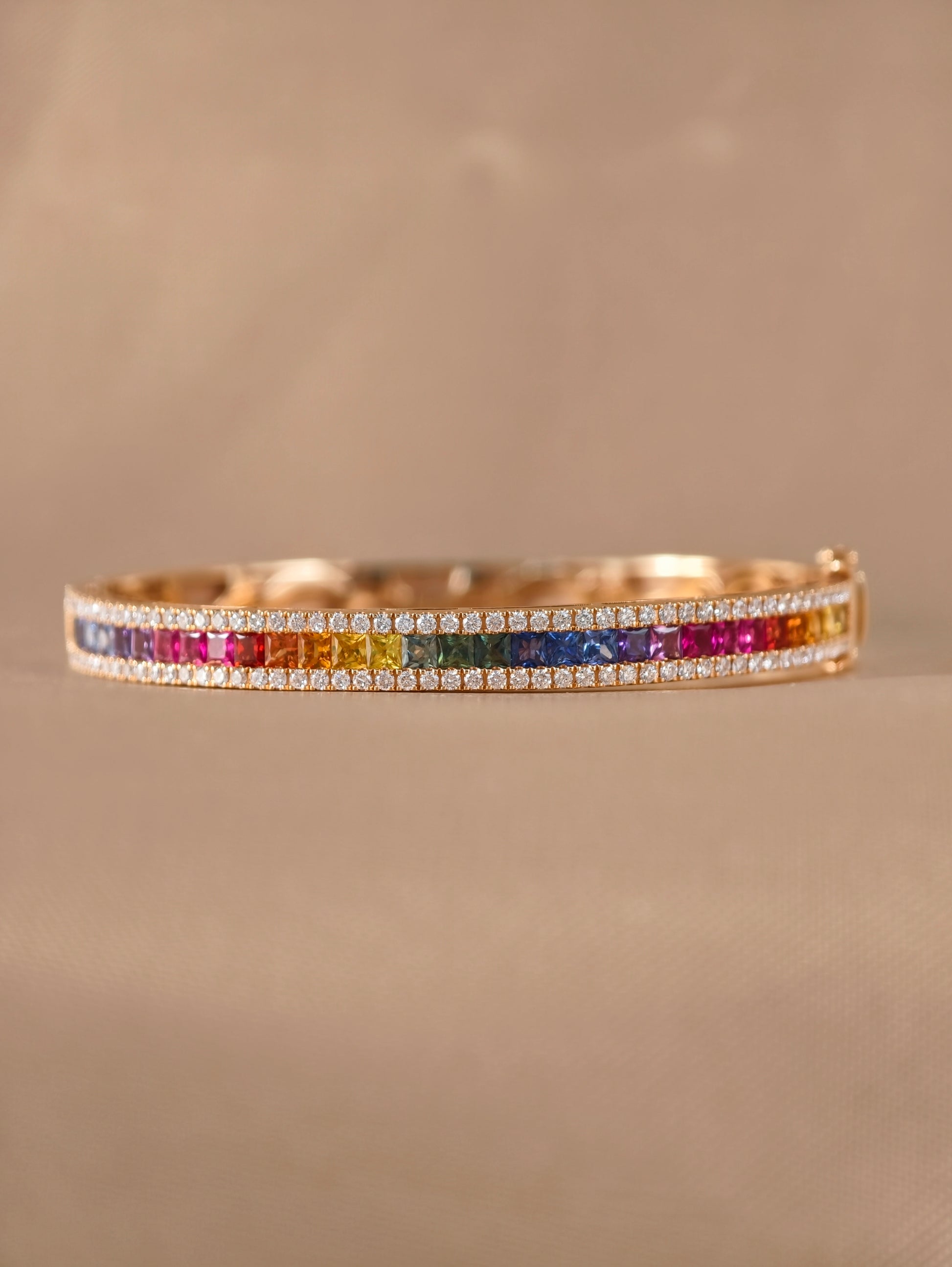 Aurora Spectrum Diamond Bangle with Rainbow Sapphires in 18K Gold by S.Diamond Bangkok