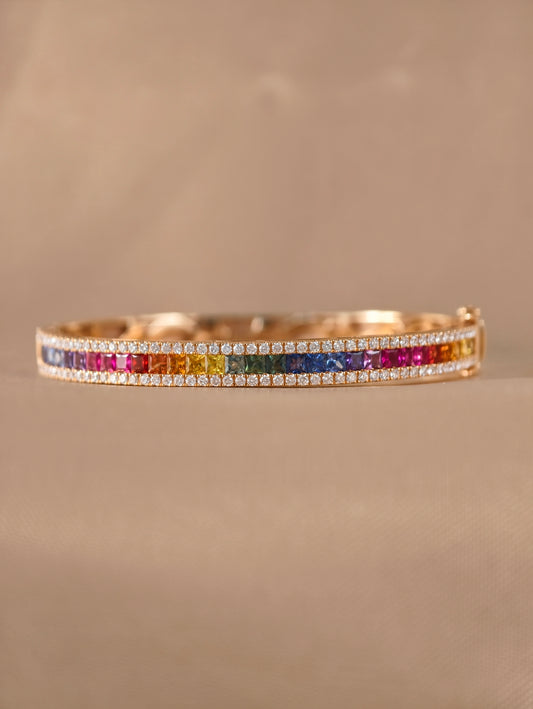 Aurora Spectrum Diamond Bangle with Rainbow Sapphires in 18K Gold by S.Diamond Bangkok